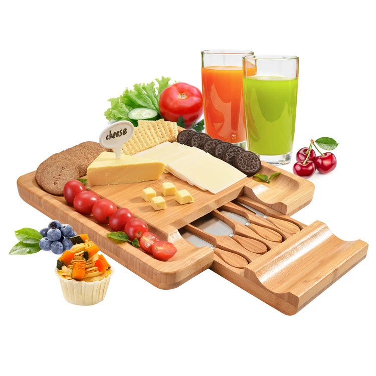 100% Natural Organic Bamboo Charcuterie Cheese Cutting Board Set With Pull Out Drawers and Cheese Knife Shaver Fork Spreader