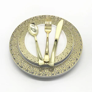 125 Pieces Disposable Gold Lace Rimmed Dinnerware Set