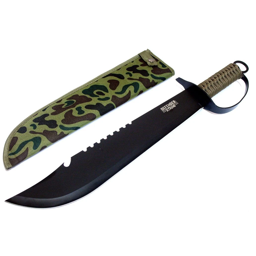 19" Black Machete Hunting Sword with Brown String Handle & Sheath