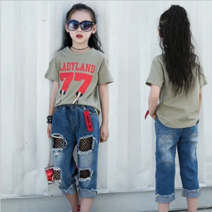 2018 stylish children jeans sets summer short sleeve cotton t-shirt and denim pants for teen girl