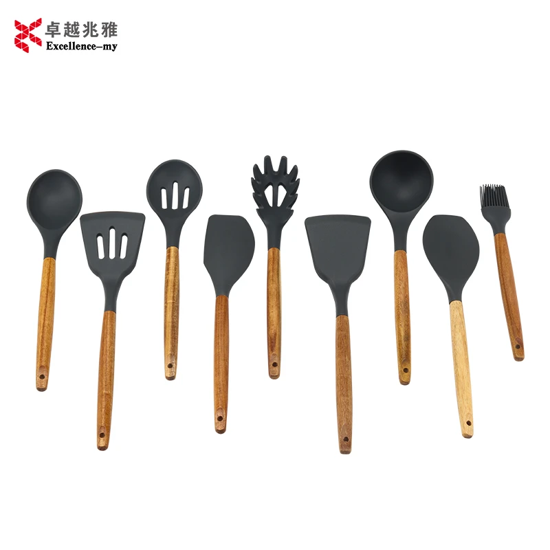 2020 Amazon Trending Handle Silicone Utensil Kit 9PC Non Stick Wood Handle Kitchen Cooking Accessories