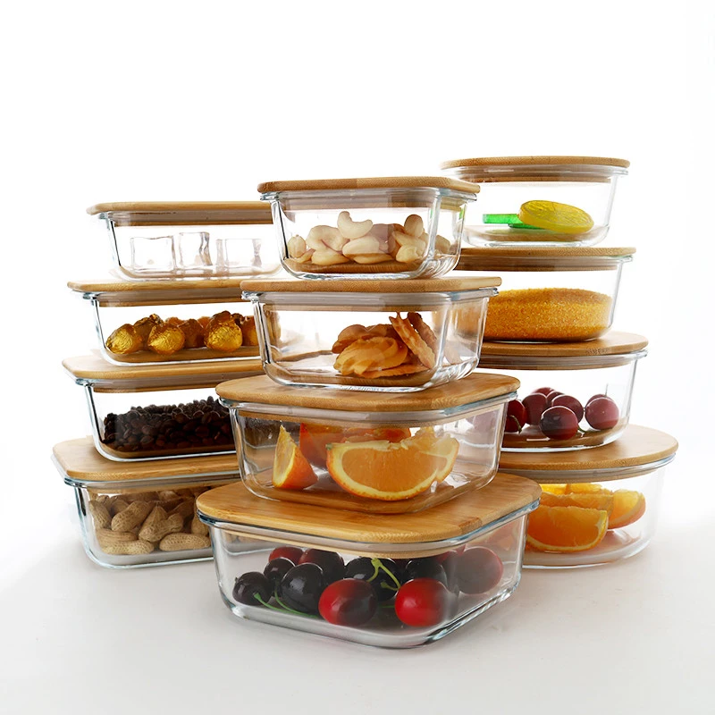 400ML Small Transparent Glass Bamboo Cover Lunch Box Food Container