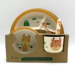 5-piece Bamboo Fiber Kid's Dinner Set Three Separated Plate Bowl Spoon Fork Cup