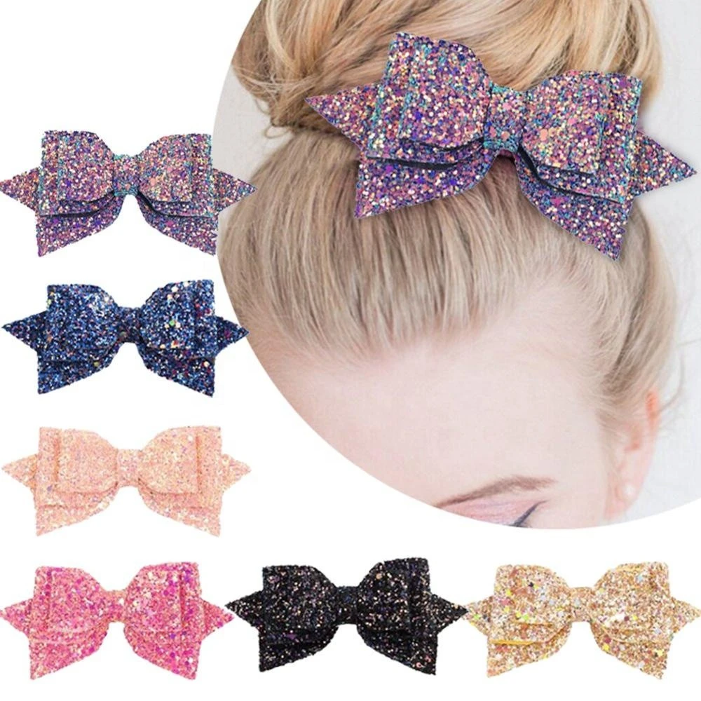5Inch Hair Barrette Girls Big Leather Multi Color Glitter Sequined Hair Bow With Clip