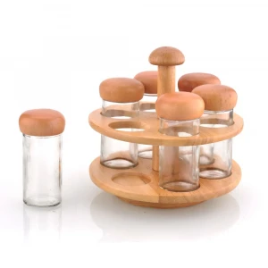 6pcs rubber wood spice rack with jars revolving spice rack set