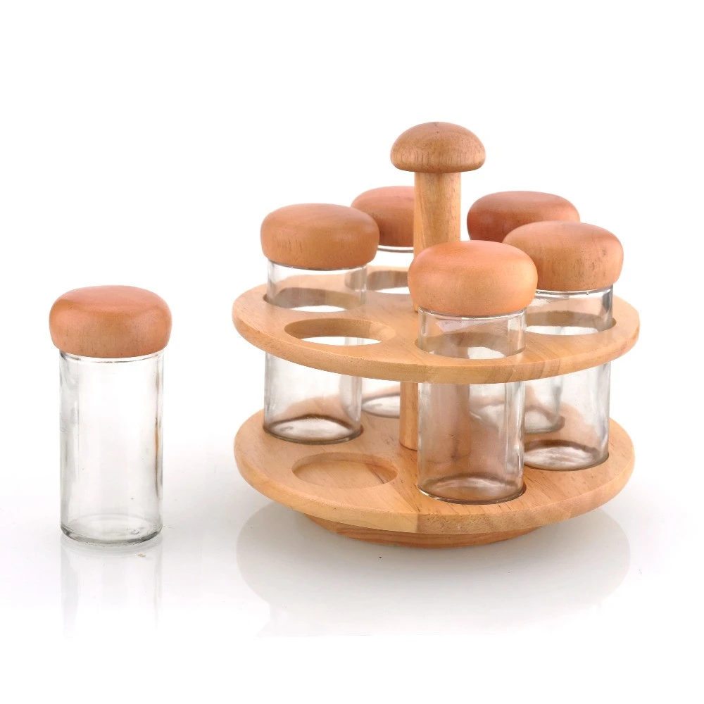6pcs rubber wood spice rack with jars revolving spice rack set