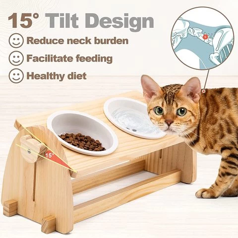 Adjustable Bamboo wood Raised Small Pet Bowls Elevated Feeder for Dogs Cats Food and Water Bowls stand animal Feeder