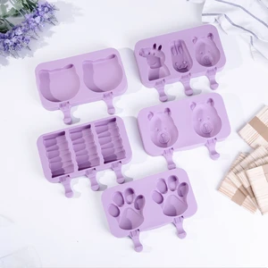 Adorable Purple DIY Ice-stick Multiform Cartoon Popsicle Mold Food Grade Silicone Ice Cream Mold Maker Set With Wood Sticks