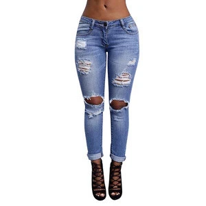 Bulk Wholesale 2019 Latest Design Women Fashion Blue High Waist Thin Ripped Women Jeans