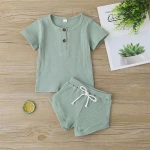 Casual Summer Beach Wear Infant Ribbed Outfits Baby Ringer T Shirts Strings Bloomers Set Hot sale product