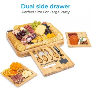 Cheese Board 2 Ceramic Bowls 2 Serving Plates. Magnetic 4 Drawers Bamboo Charcuterie Cutlery Knife Set, 2 Server Forks