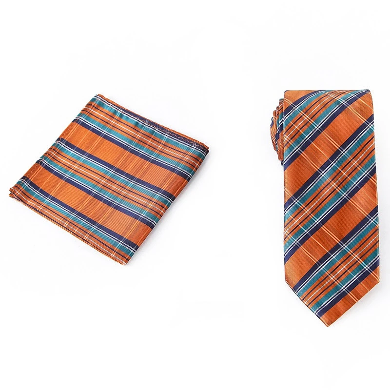 Classic Microfiber Jacquard Mens Plaid Tie Mens Orange Check Tie and Handkerchief Cufflinks Gravatas Set with Gift Box