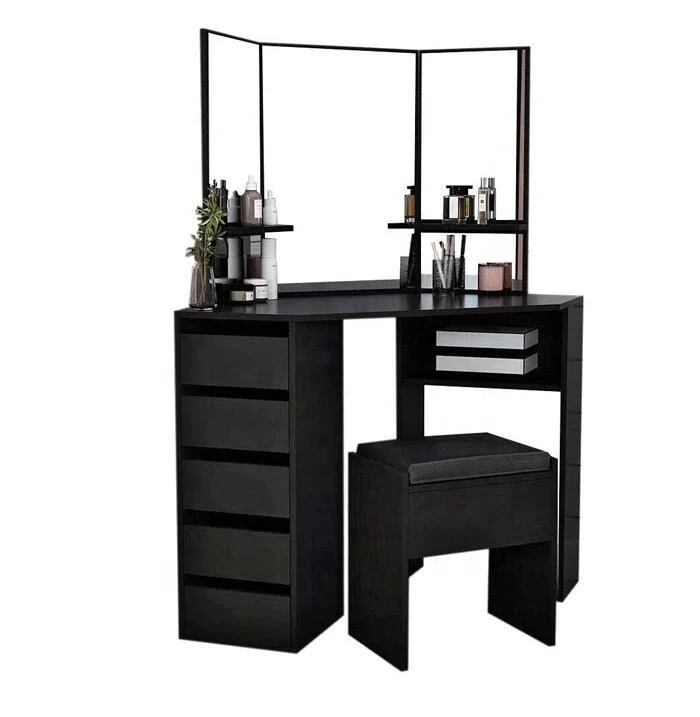 Corner Bedroom Makeup Vanity table with multi-functional mirrors