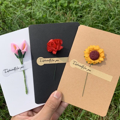 Creative Handmade Paper Flower Greeting Card Message Card DIY Retro Holiday Blessing Kraft Paper Greeting Card