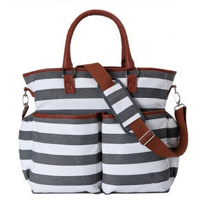 Custom private label black and white stripe canvas baby diaper bags for mothers