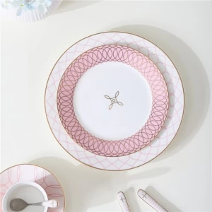 Customize wholesale pink decal golden rim design bone China plate set dinnerware Nordic style dessert dinner plate porcelain