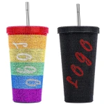 Customized 16oz leakproof studded tumbler Double wall insulated 304 stainless steel rhinestone tumbler cup diamond bottle