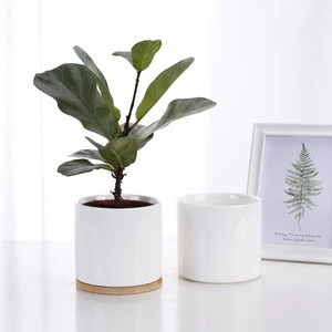 Elegant white glazed high Quality cylinder ceramic flower pot with bamboo trays