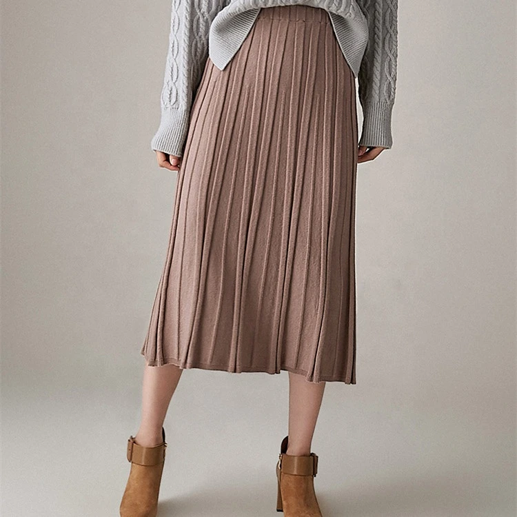 Elegant women custom order winter under knee length pleated knit long skirt