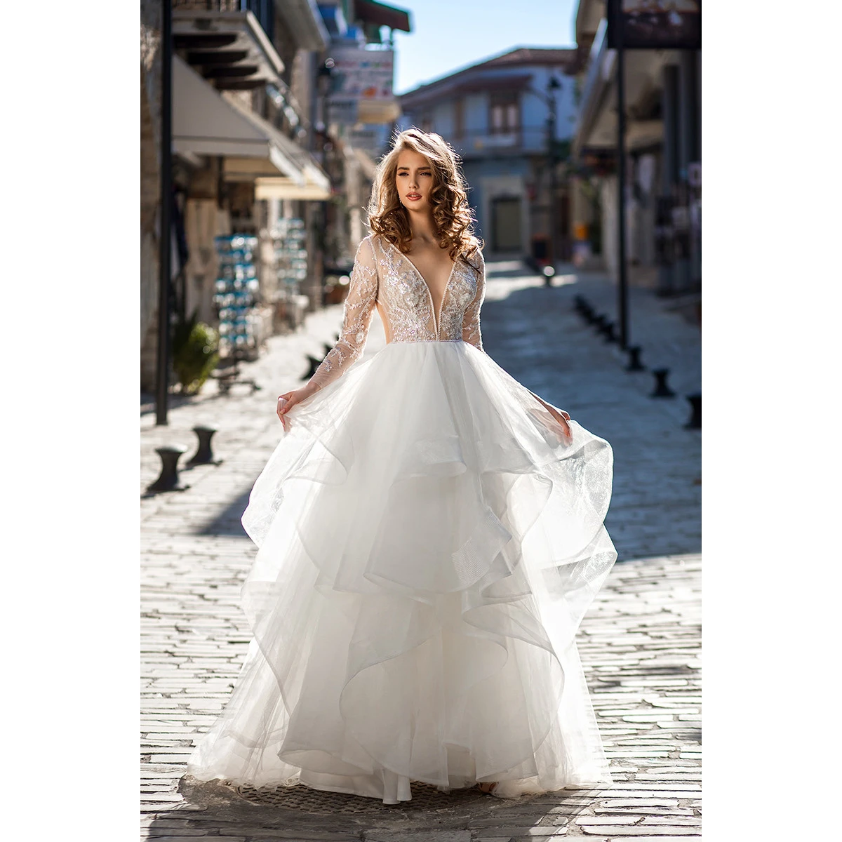 Estelavia &quot;Audrey&quot; - custom women wedding dress for the perfect bride, deep V-neckline, sleeves, milk tulle skirt with flounces