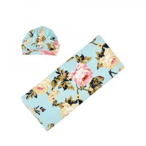 Factory Selling Receiving Blanket With Headbands Newborn Baby Floral Printed Baby Shower Swaddle Blanket Gift
