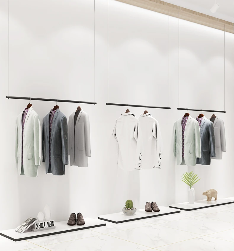 Fashion clothing store display rack iron ceiling hanger adjustable hanging shelves