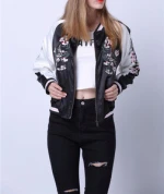 Floral Embroidery Bomber Jacket Women Autumn Retro Stand Collar Women Basic Coats