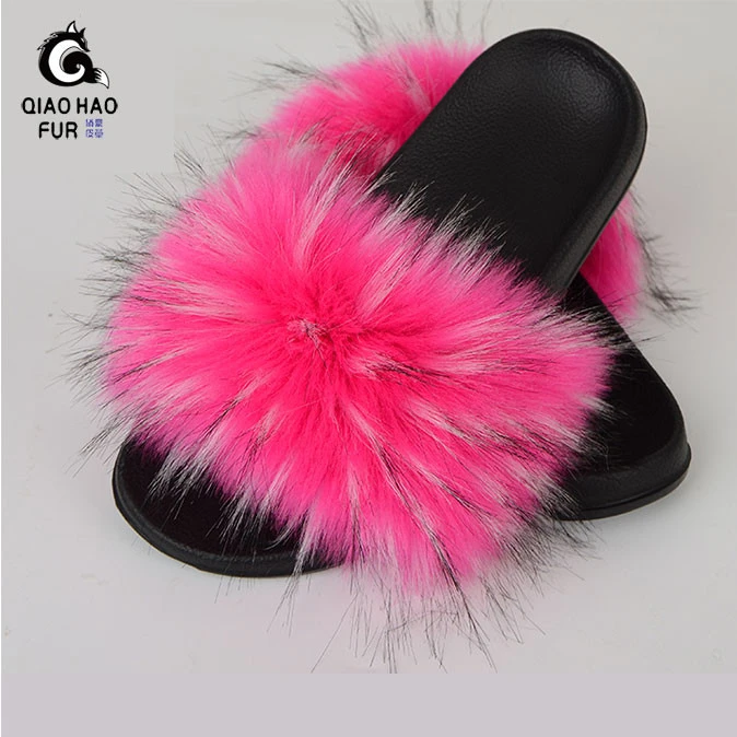 hairy Hot selling 2021 raccoon fur slippers womens  slippers black fur slippers wholesale