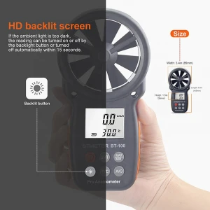 Hand held Wind Speed Meter BT 100 Digital Anemometer For Measuring Wind Speed Temperature and Wind Chill With LCD Backlight
