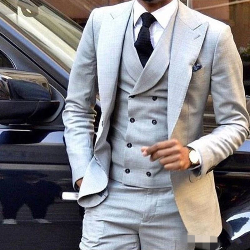 Buy Handsome Light Grey Groom Tuxedos Peaked Lapel Men Suits 3