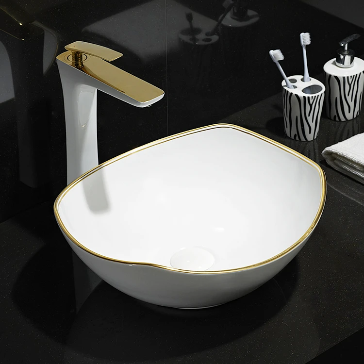HEGII white gold luxury modern lavabo washbasin countertop ceramic bathroom sink vessel art face hand wash basin with gold line