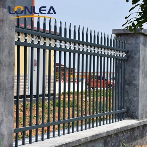 High Strength Regular 2.1m Wrought Iron Fence Spear Top Steel Fence with three horizontal rails ALL Customizable