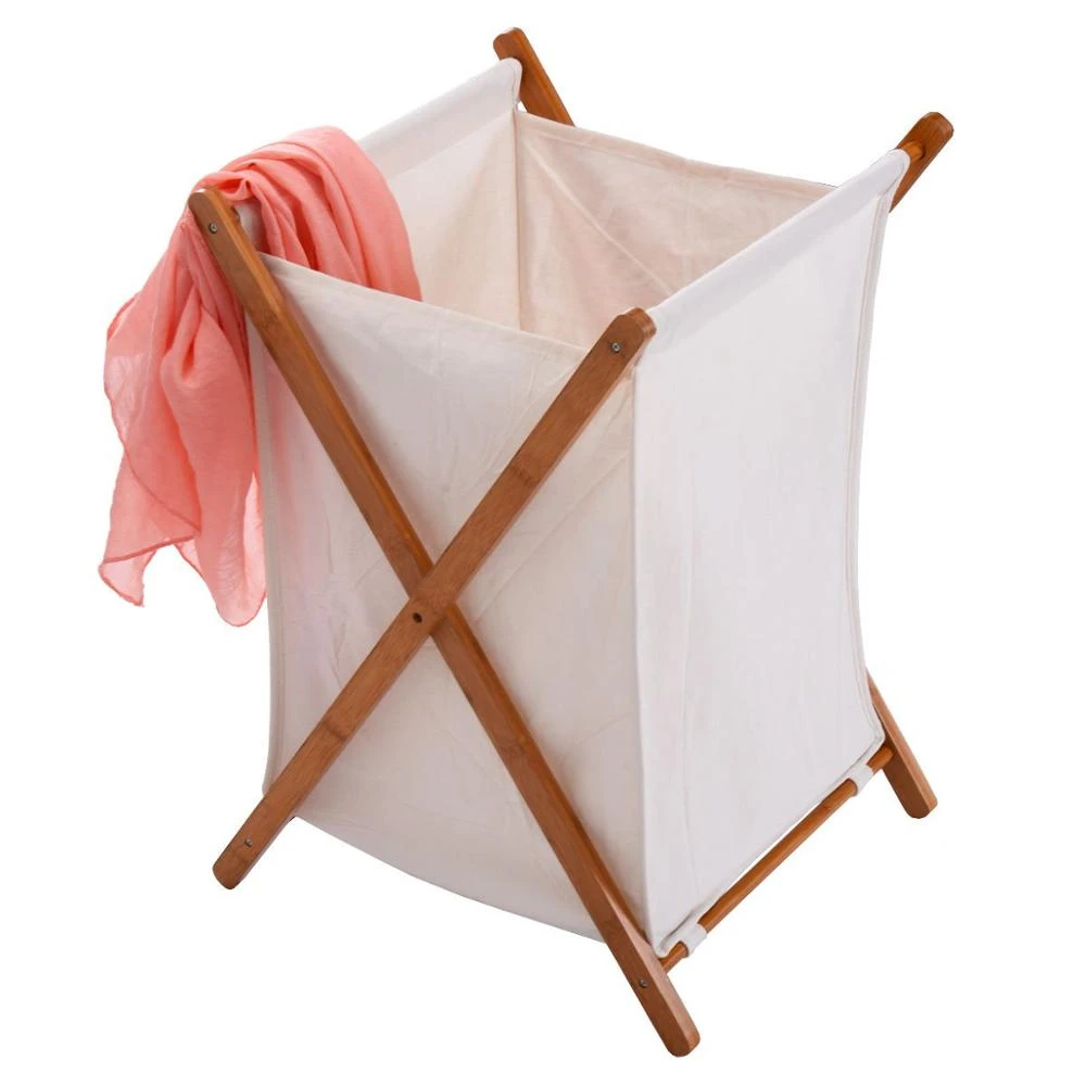 Houselin Large high quality Foldable Wood Canvas  Basket of Laundry Hamper towel Clothes Storage Bin with handle cotton Bag