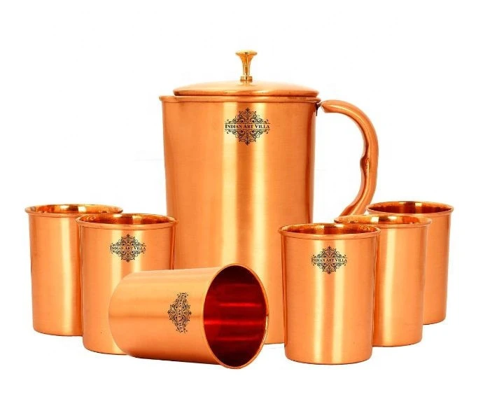 Indian art villa pure copper lacquer coated 1500 ml jug with 6 glass gift set - wholesale
