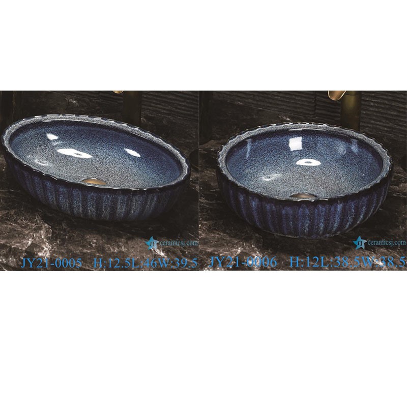 Jy21-0005-0006 Jingdezhen Sprinkling Blue Color Oval and Round Shape Ceramic Wash Basin