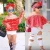 Import kids clothing  hot selling models girls red word shoulder shirt + hole jeans + headwear three-piece factory direct sale from China