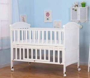 kids furniture pine wood material white baby cot bed with playpen bed function