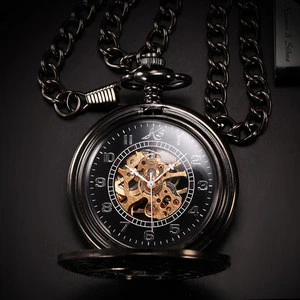 KS Black Retro Pendant Steampunk Copper Skeleton Mechanical Pocket Watch + Chain