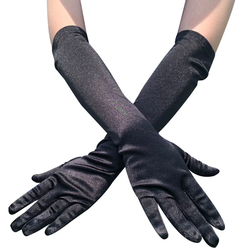 Ladies Silk Long Black Gloves Party Arm Crochet Sleeve Gloves Retro Nylon Winter Gloves Mittens