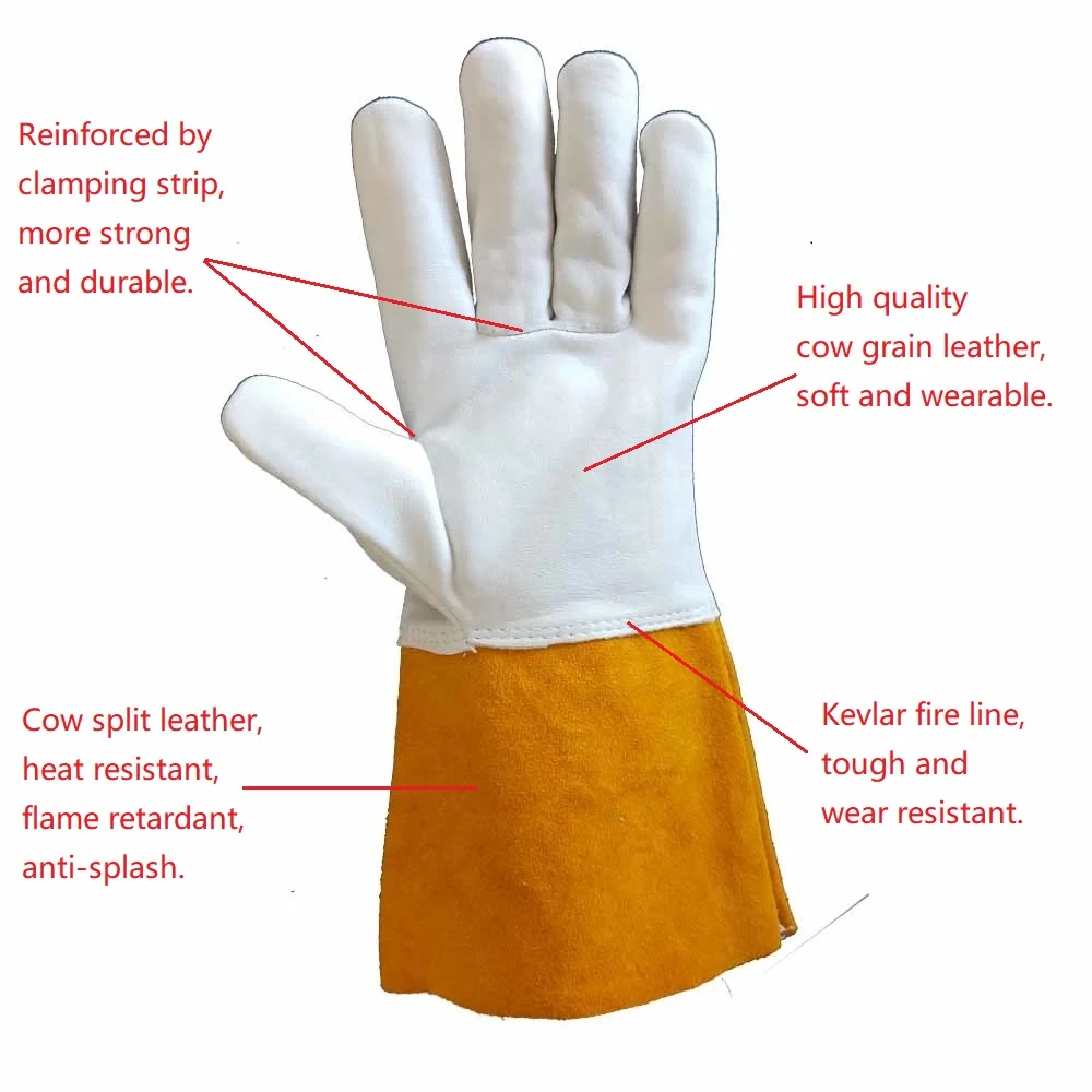 long cuff white top cow/goatskin grain protective leather tig/mig/argon welding hand gloves for soft tech