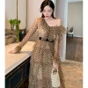 long sleeve V- neck flocked dots mesh multi tiered skirt maxi dress  summer latest design sweet fashion dress
