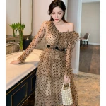 long sleeve V- neck flocked dots mesh multi tiered skirt maxi dress  summer latest design sweet fashion dress