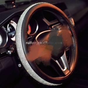 Luxury Crystal Diamond Car Steering Wheel Cover PU Leather Cool Bling 15&#39;&#39; 38cm