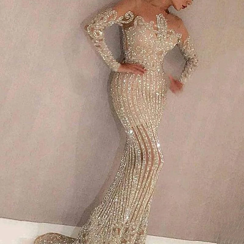 Luxury Long Sleeve Gold Mermaid Prom Dress Sexy Ladies Long Party Wear Gowns Woman Abiti Evening Dresses