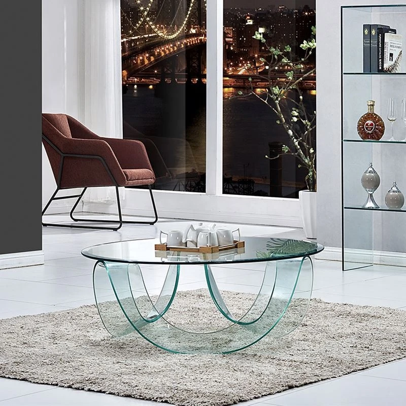 Modern bevel edge clear tempered glass Center Table Round Glass Coffee Table with special design glass base
