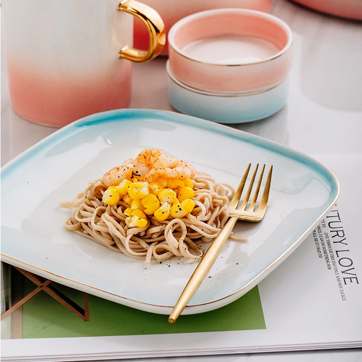 Modern design dinnerware custom color square shape 8 inch ceramic dessert pasta plate with gold edge