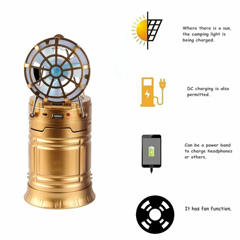 Multi-function Solar camping lantern with Fan Portable Emergency Collapsible Rechargeable LED Camping Hiking light Tent Lamp