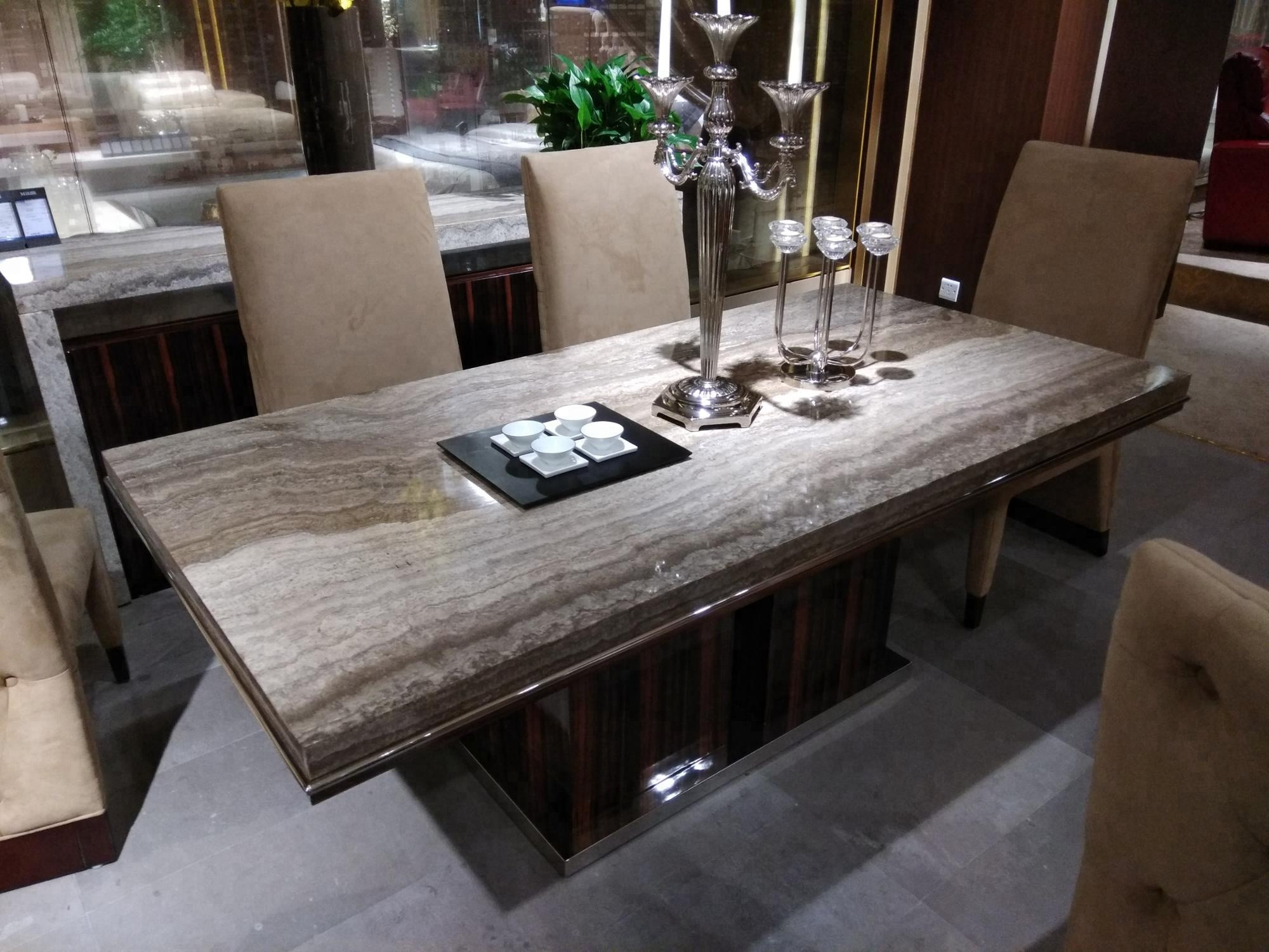 Buy Natural Travertine Stone Marble Top Wooden Base Dining Table ...