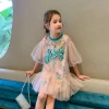 New fashion toddler Girls ruffled tulle  puff sleeve sequined flower princess dress