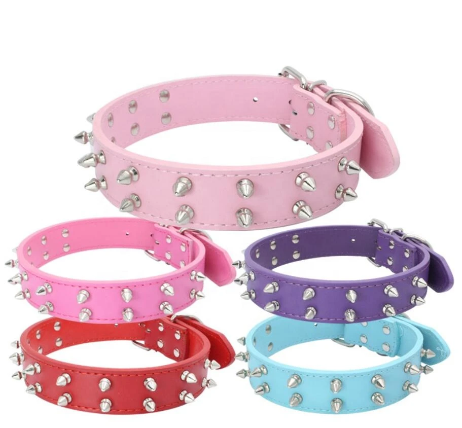 New Style colorful two rows rivet spiked studded Pet Dog Collar for PU Leather necklet